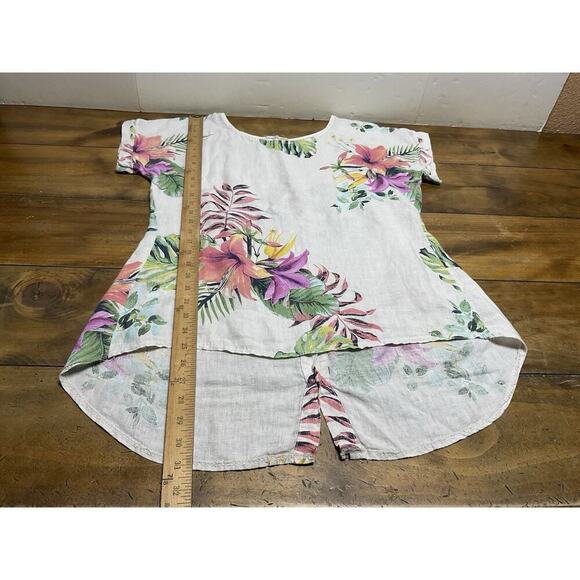 Terzo Millennio Small Tunic Blouse Linen Floral Hi Lo Coastal Lagenlook Italy - Picture 7 of 11